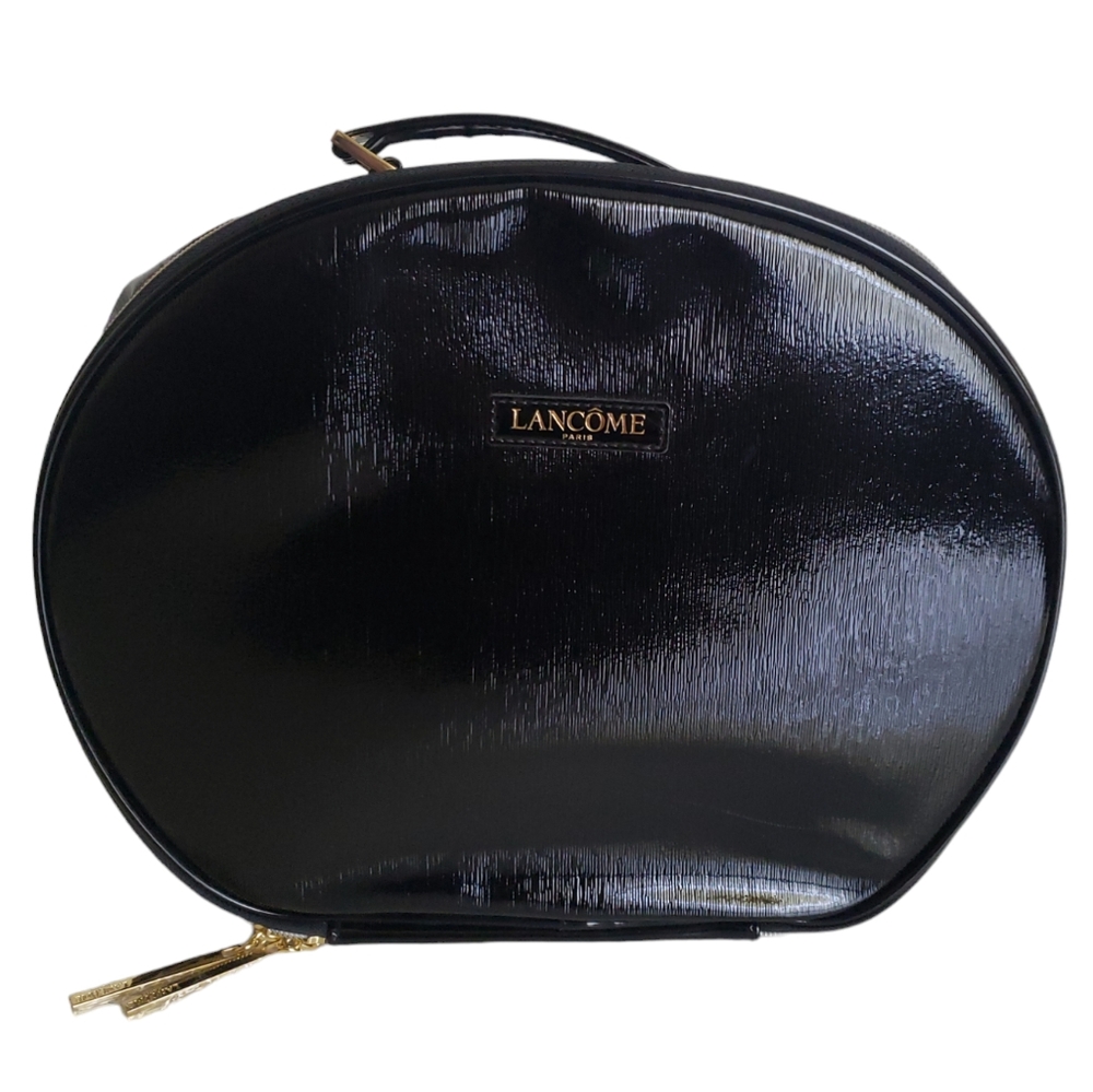 Lancome Paris Women's Black Patent Vegan Leather Travel Make Up Accessory Case